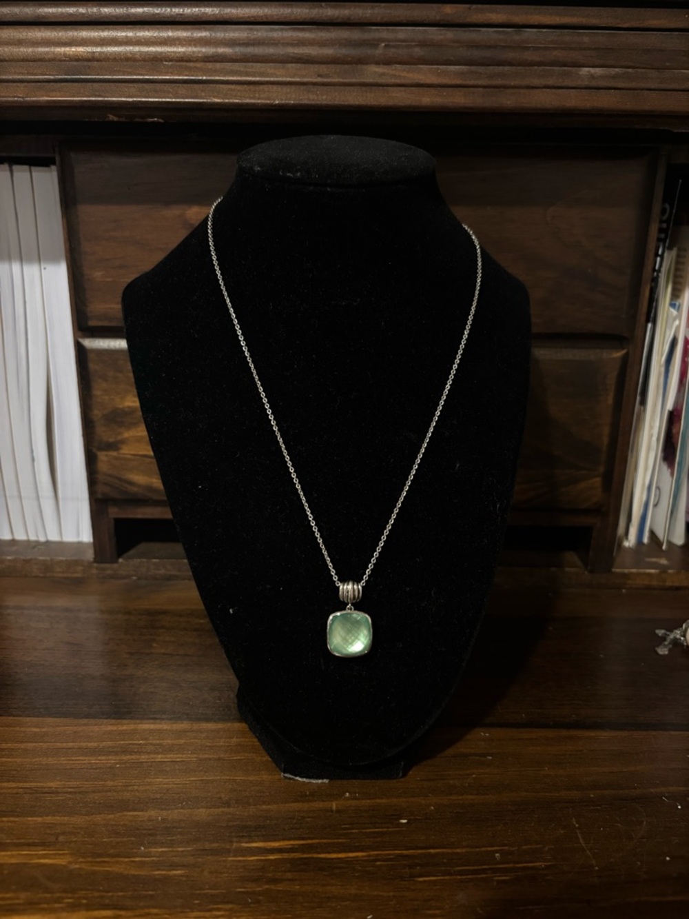 DYurman Inspired Sterling Silver Necklace with green glass stone pendant